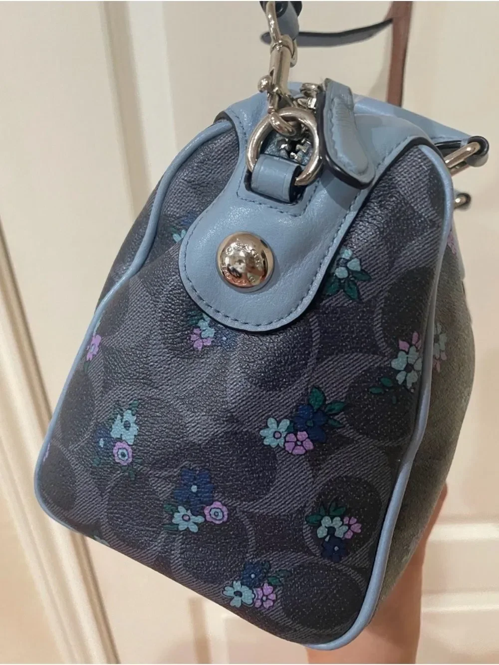 Coach Mini Bennett Satchel in a blue floral print with signature coated canvas